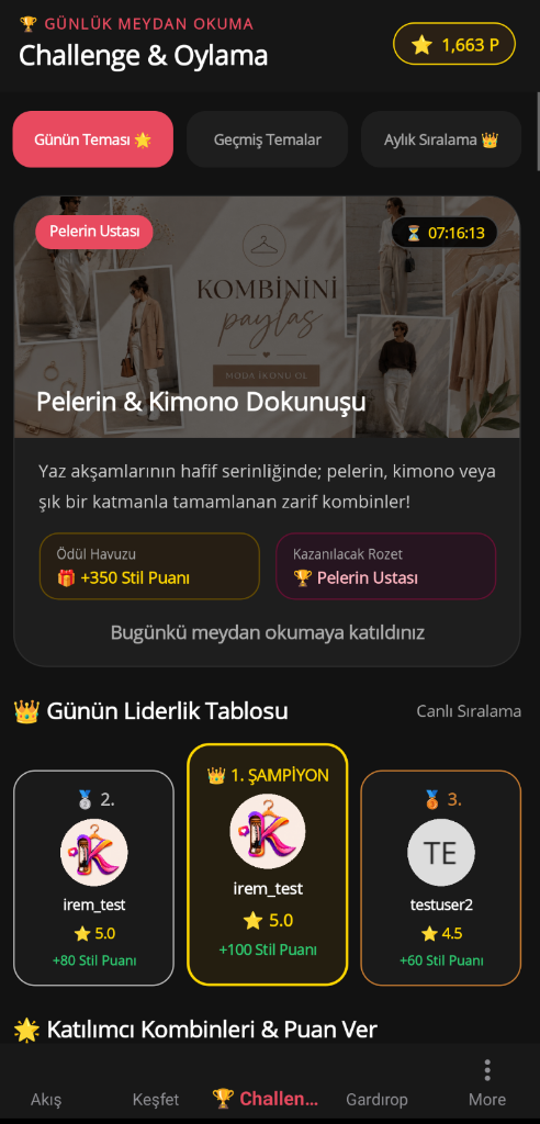 Günlük Challenge ve Oylama Ekranı